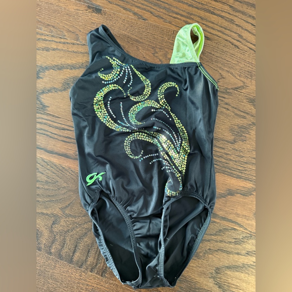 GK Black and Green Leotard with Rhinestone Design one size look at measurements